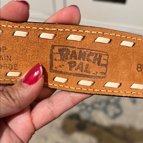 Ranch Pal Brown and Tan Tooled Leather Belt  size 38 armadillo, buckle - Picture 2 of 12